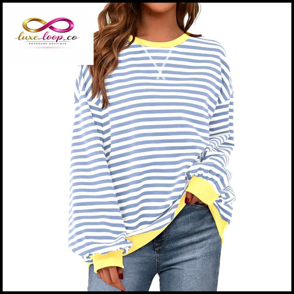 Oversized Striped Sweatshirt‎ Crewneck Long Sleeve Pullover Top Casual Y2K